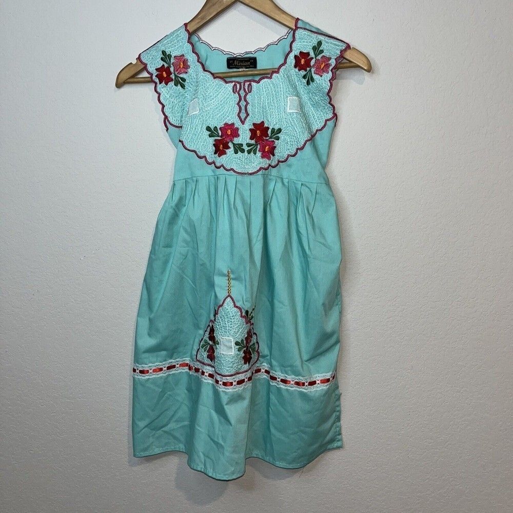 MEXICAN GIRLS PEASANT MIRIAM DRESS SIZE 12 TEAL EMBROIDERED